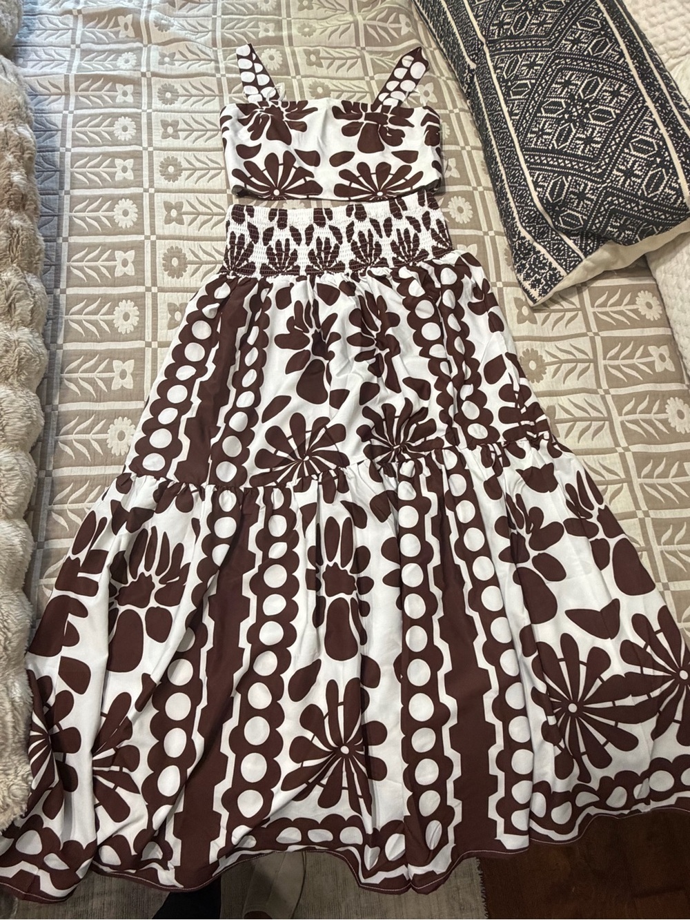 Commense Brown and White Floral Strap Skirt Set
